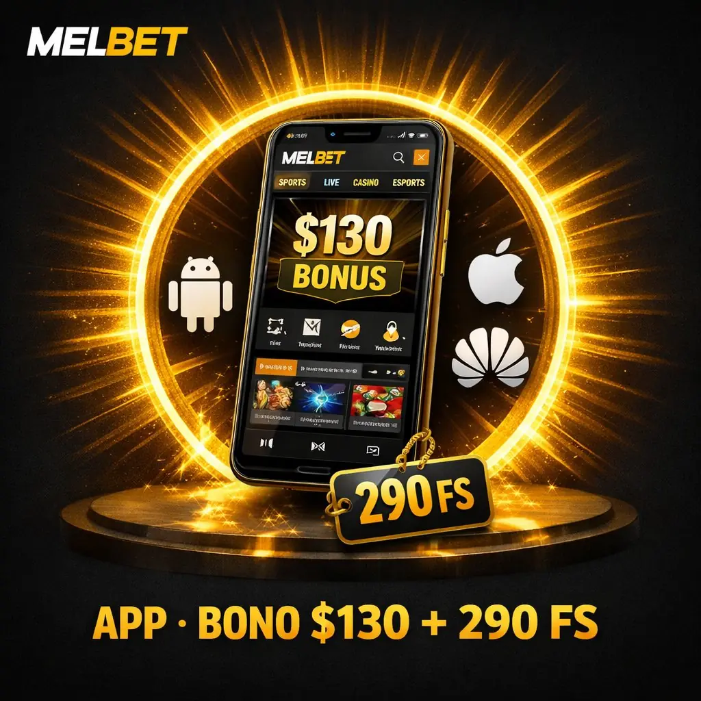 Melbet app smartphone portal dorado bono 130 290FS fondo oscuro