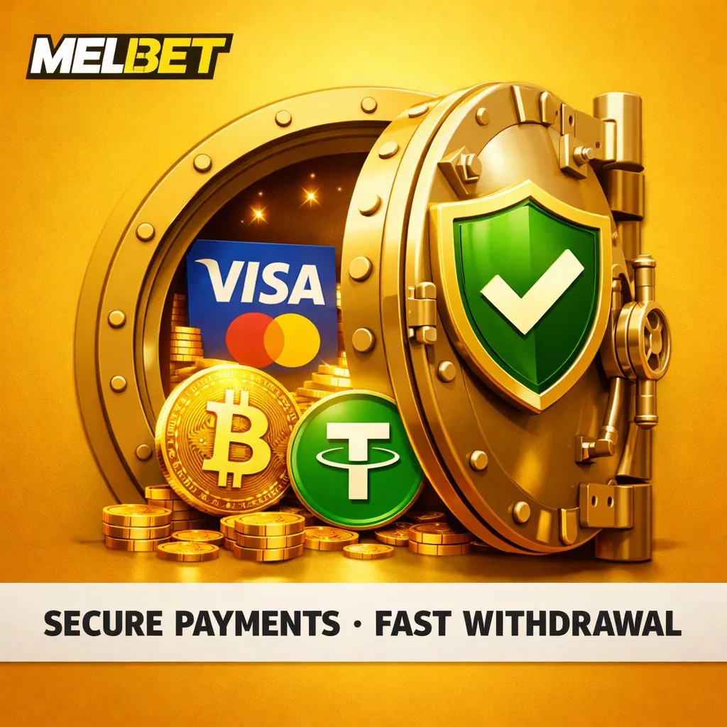 Melbet payments vault door golden cards crypto bonus 1800 gold background