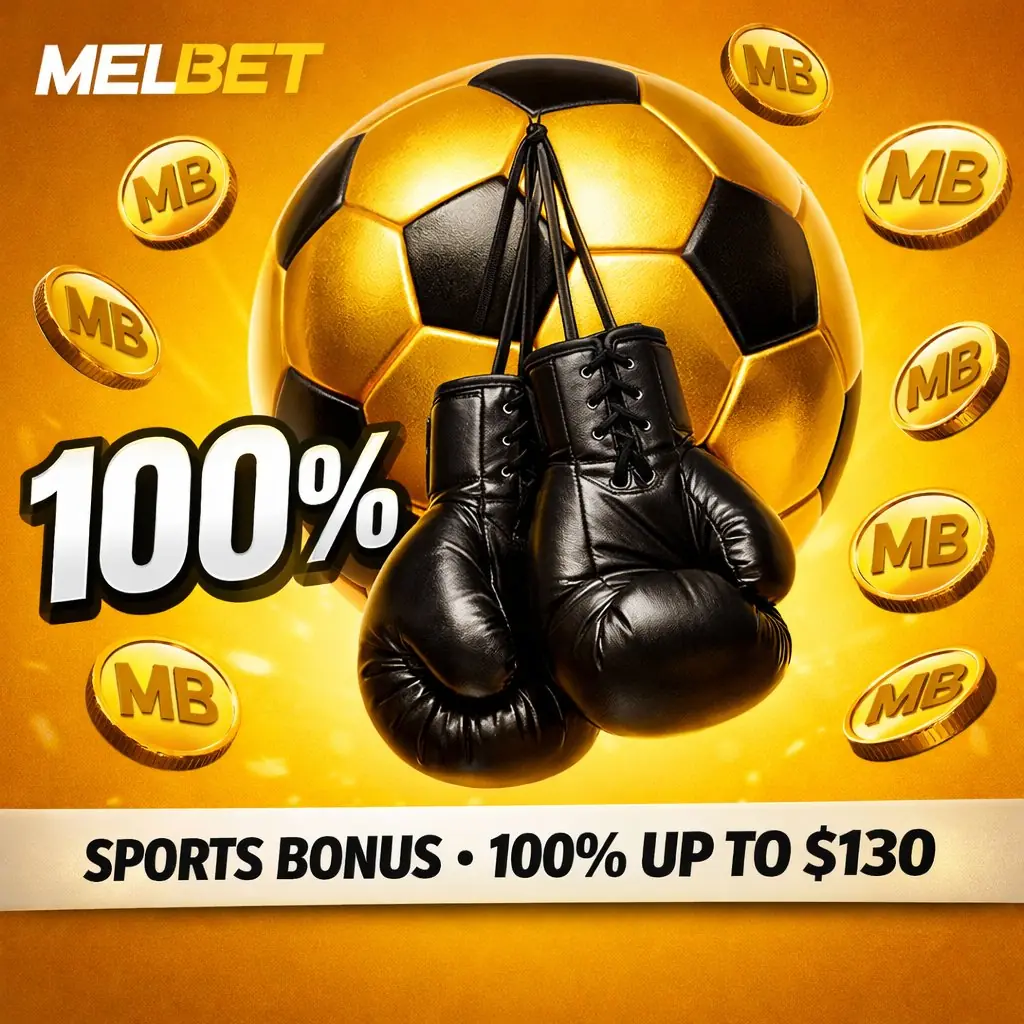 Melbet sports bonus boxing ring 130 gloves football gold background