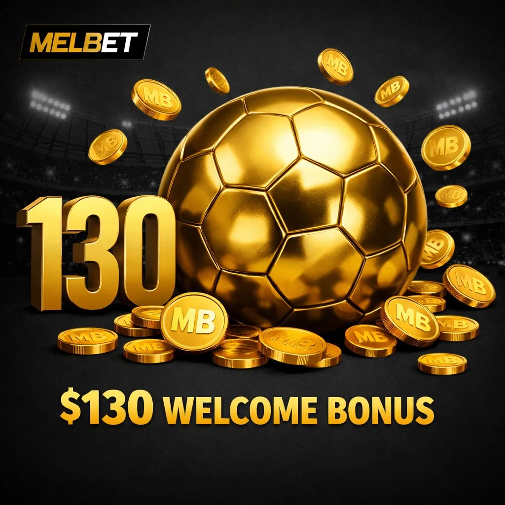 Melbet welcome bonus golden trophy 130 engraved dark canal background