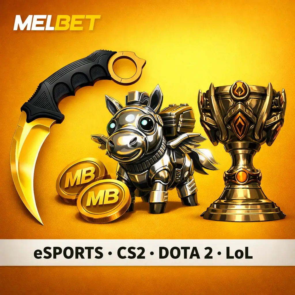 Melbet esports CS2 karambit Dota2 courier LoL bonus 130 gold background