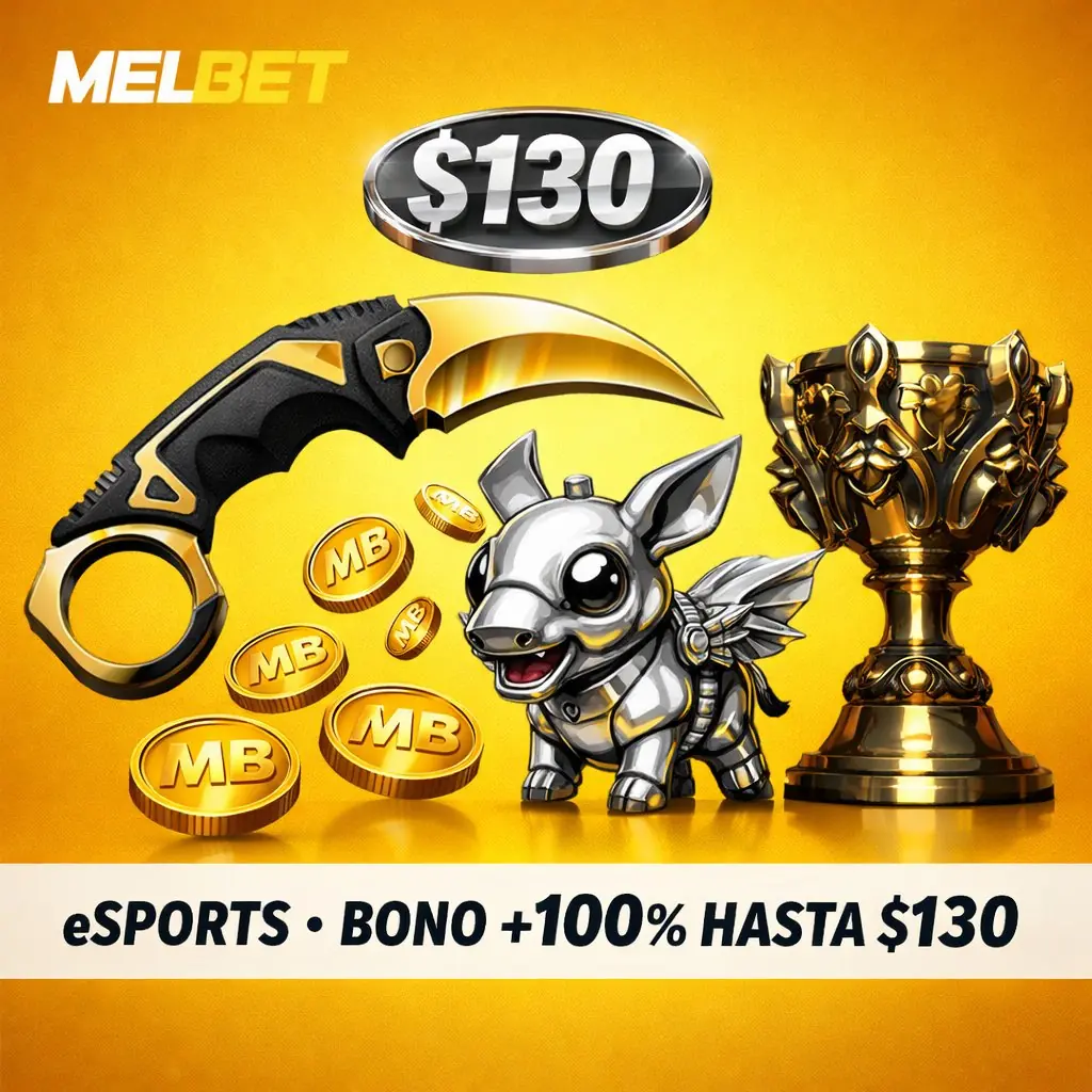 Melbet esports CS2 karambit Dota2 courier LoL bono 130 fondo dorado