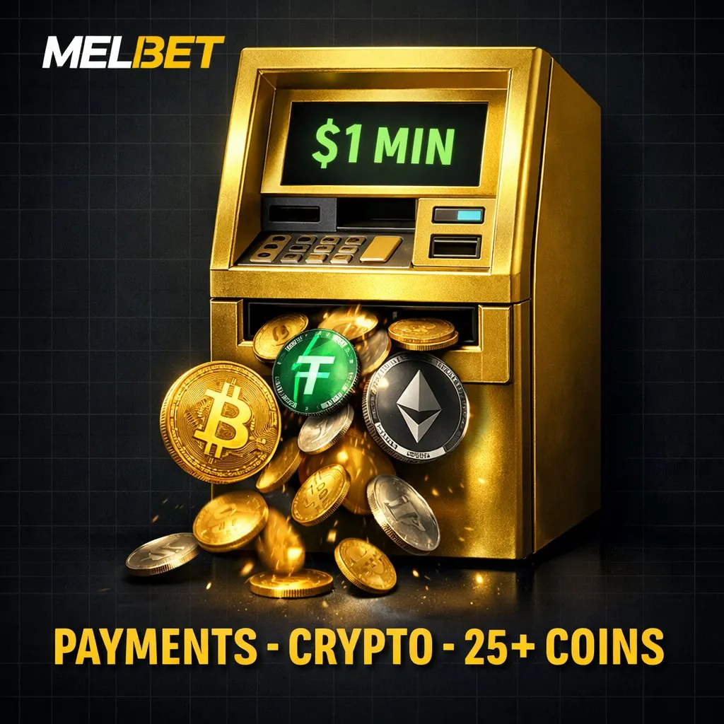 Melbet payments golden ATM crypto coins bonus 130 dark background